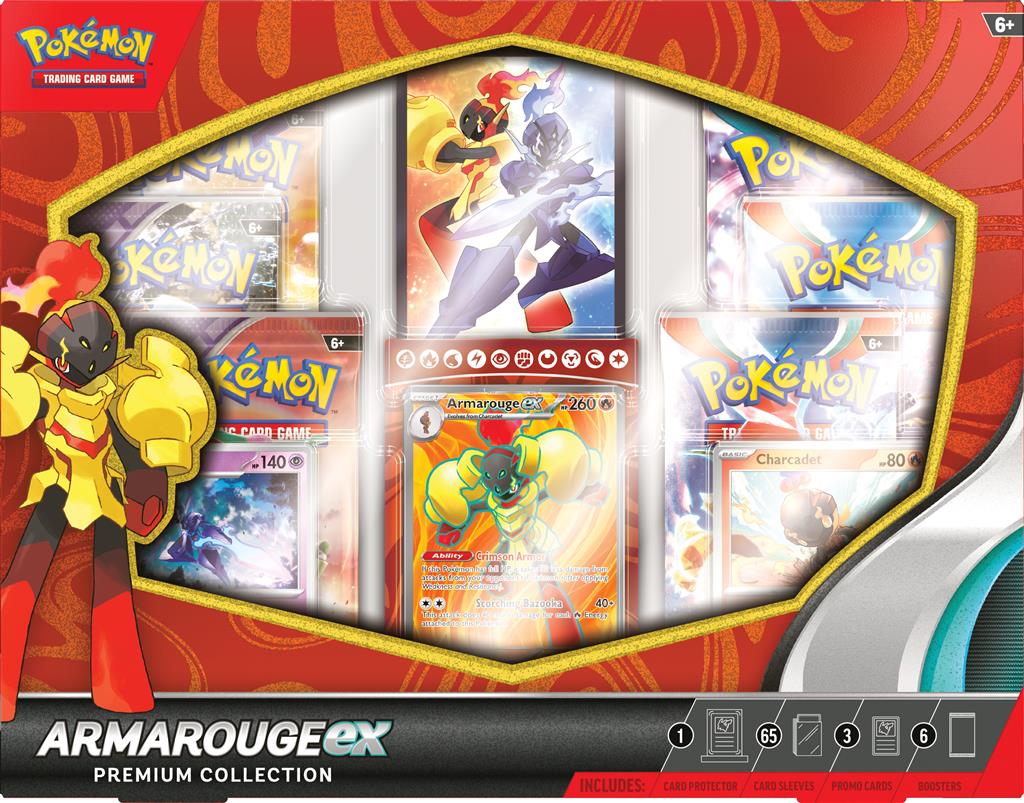 Pokémon TCG: Armarouge ex Premium Collection met promokaarten van Armarouge ex, Charcadet en Ceruledge, inclusief 6 booster packs en een magnetische kaartbeschermer.