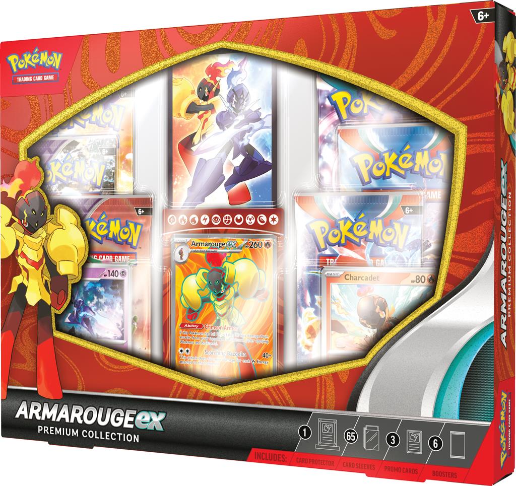 Pokémon TCG: Armarouge ex Premium Collection met promokaarten van Armarouge ex, Charcadet en Ceruledge, inclusief 6 booster packs en een magnetische kaartbeschermer.