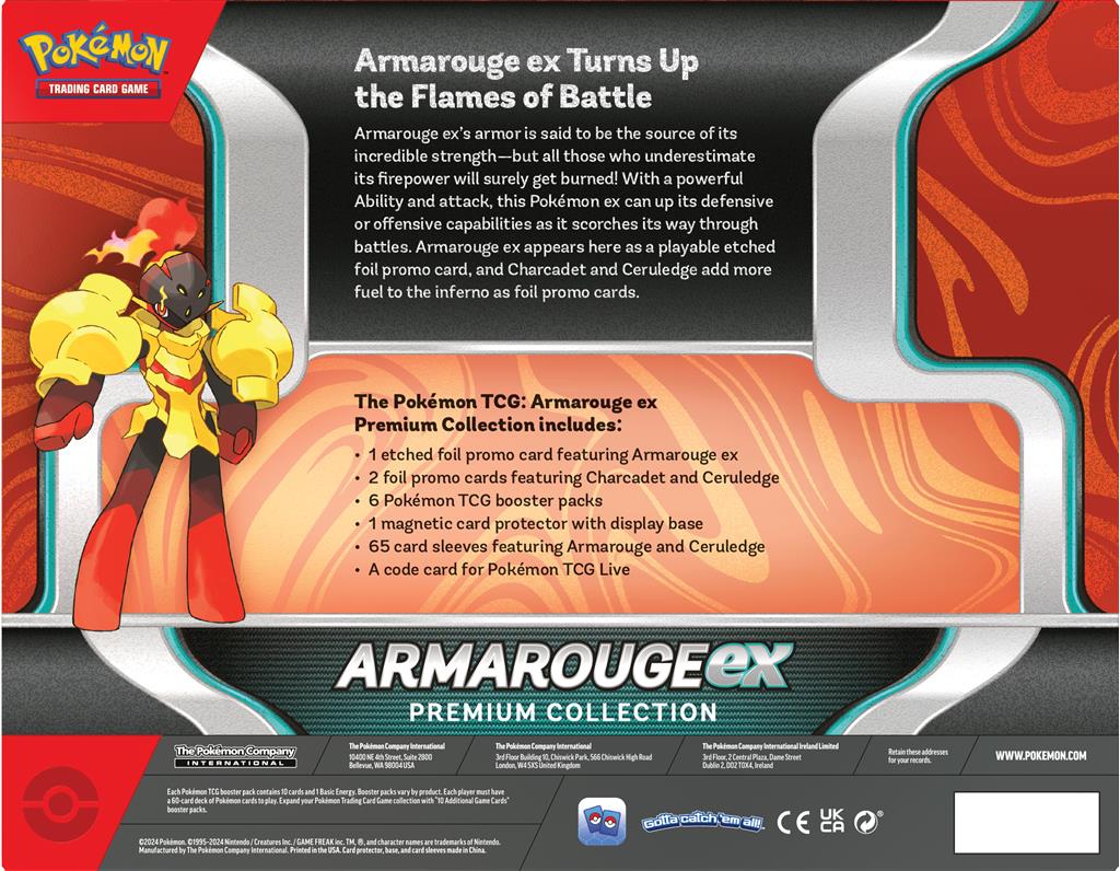 Pokémon TCG: Armarouge ex Premium Collection met promokaarten van Armarouge ex, Charcadet en Ceruledge, inclusief 6 booster packs en een magnetische kaartbeschermer.