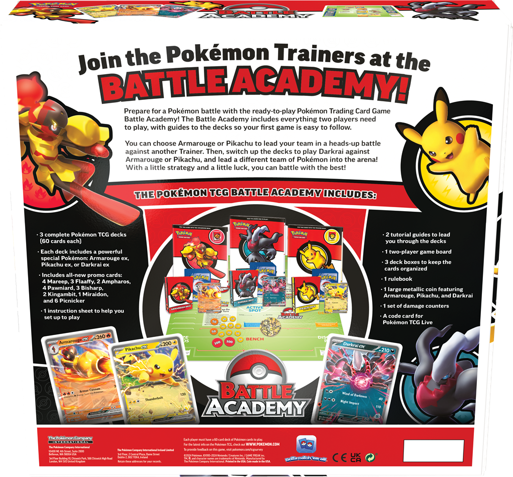 Pokémon TCG Battle Academy 2024 met Pikachu, Darkrai, en Armarouge ex decks.