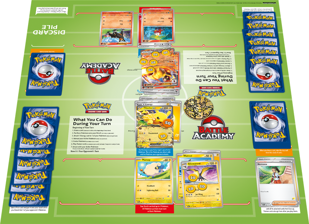 Pokémon TCG Battle Academy 2024 met Pikachu, Darkrai, en Armarouge ex decks.