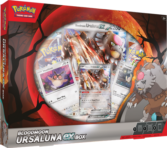 Bloodmoon Ursaluna EX Box met promokaarten, oversized kaart en 4 Pokémon booster packs.