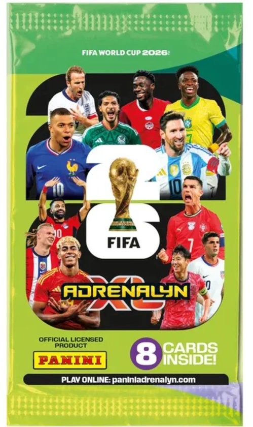 Panini Adrenalyn XL FIFA World Cup 2026 booster pack met 8 kaarten en Tijjani Reijnders actie