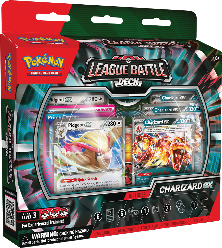 Charizard ex League Battle Deck met vuur- en vliegende Pokémon kaarten.