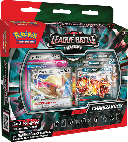 Charizard ex League Battle Deck met vuur- en vliegende Pokémon kaarten.