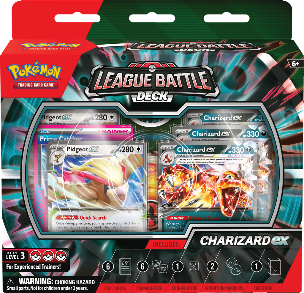 Charizard ex League Battle Deck met vuur- en vliegende Pokémon kaarten.