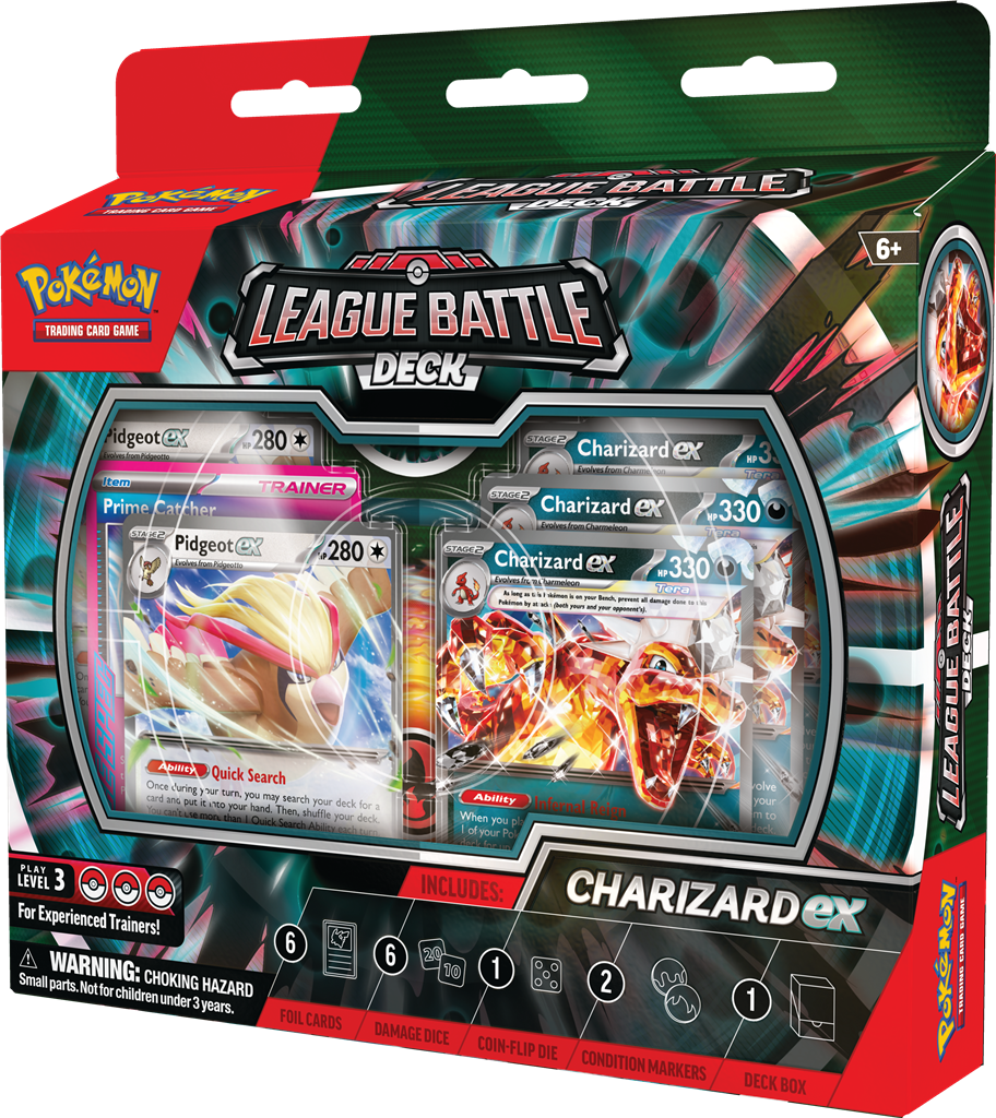 Charizard ex League Battle Deck met vuur- en vliegende Pokémon kaarten.