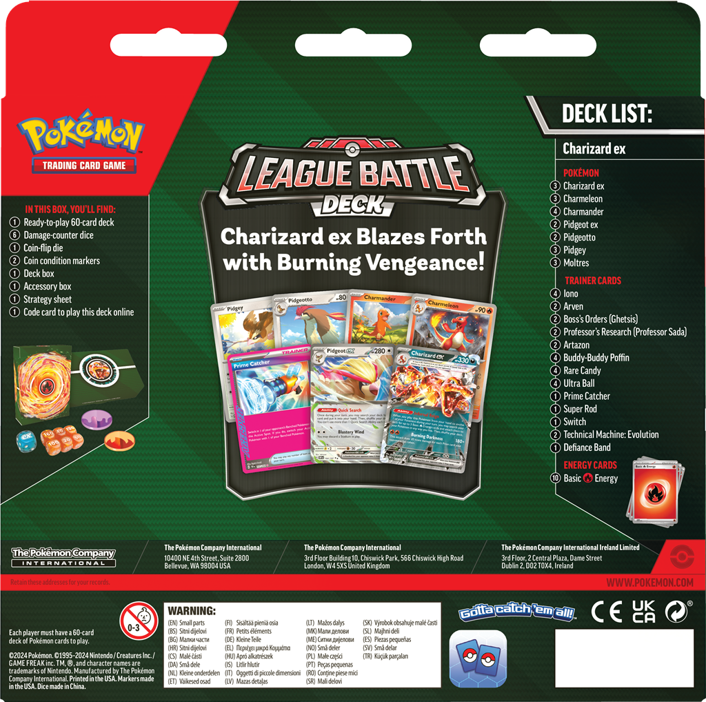 Charizard ex League Battle Deck met vuur- en vliegende Pokémon kaarten.