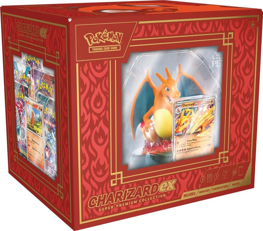 Charizard ex Super-Premium Collection met Charizard-figuur en Pokémon booster packs.