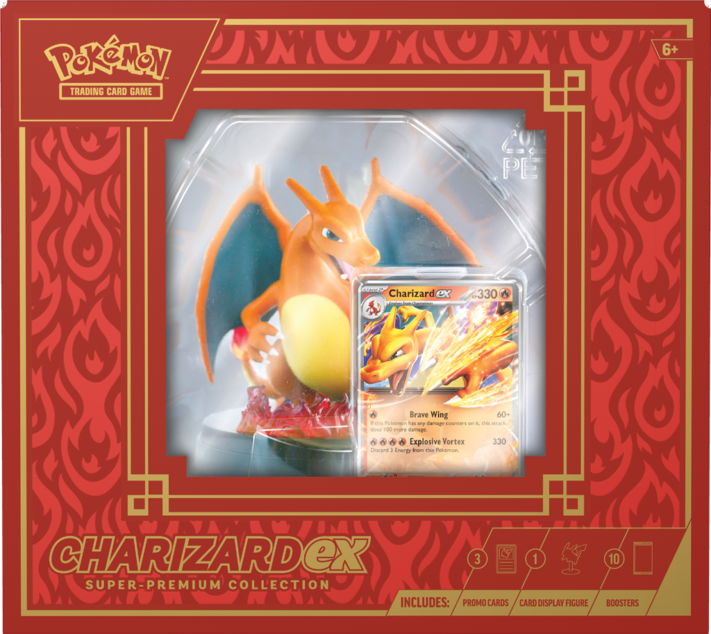 Charizard ex Super-Premium Collection met Charizard-figuur en Pokémon booster packs.