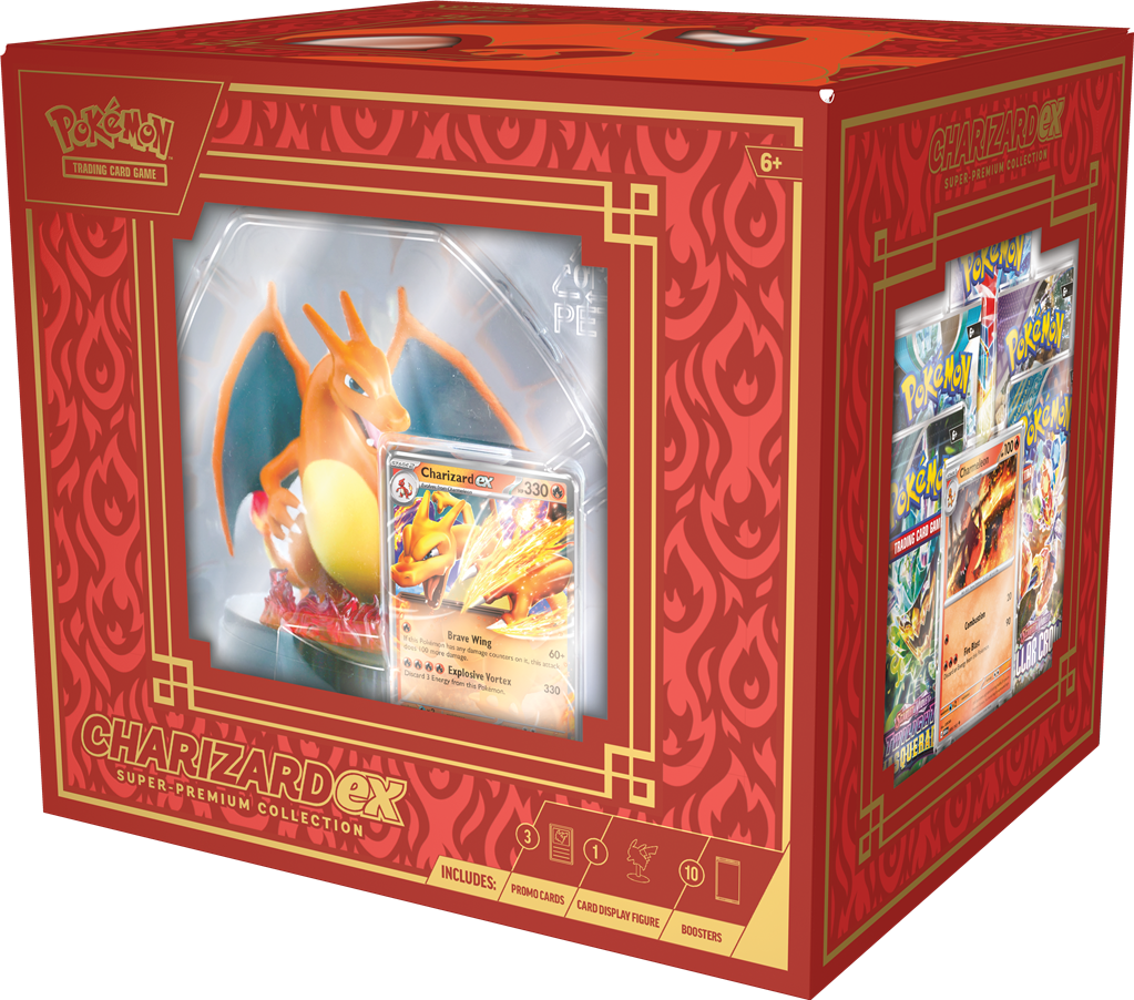 Charizard ex Super-Premium Collection met Charizard-figuur en Pokémon booster packs.