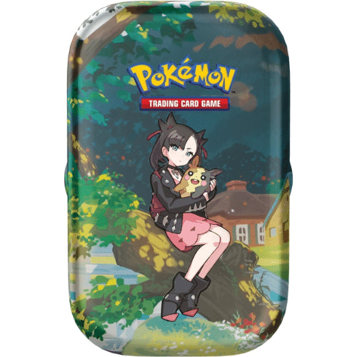 Pokemon Crown Zenith Mini Tin - Twee boosterpacks met een mix van populaire Pokemon-kaarten, inclusief Charizard, Leon, Morpeko, Marnie, Sonia en Yamper.