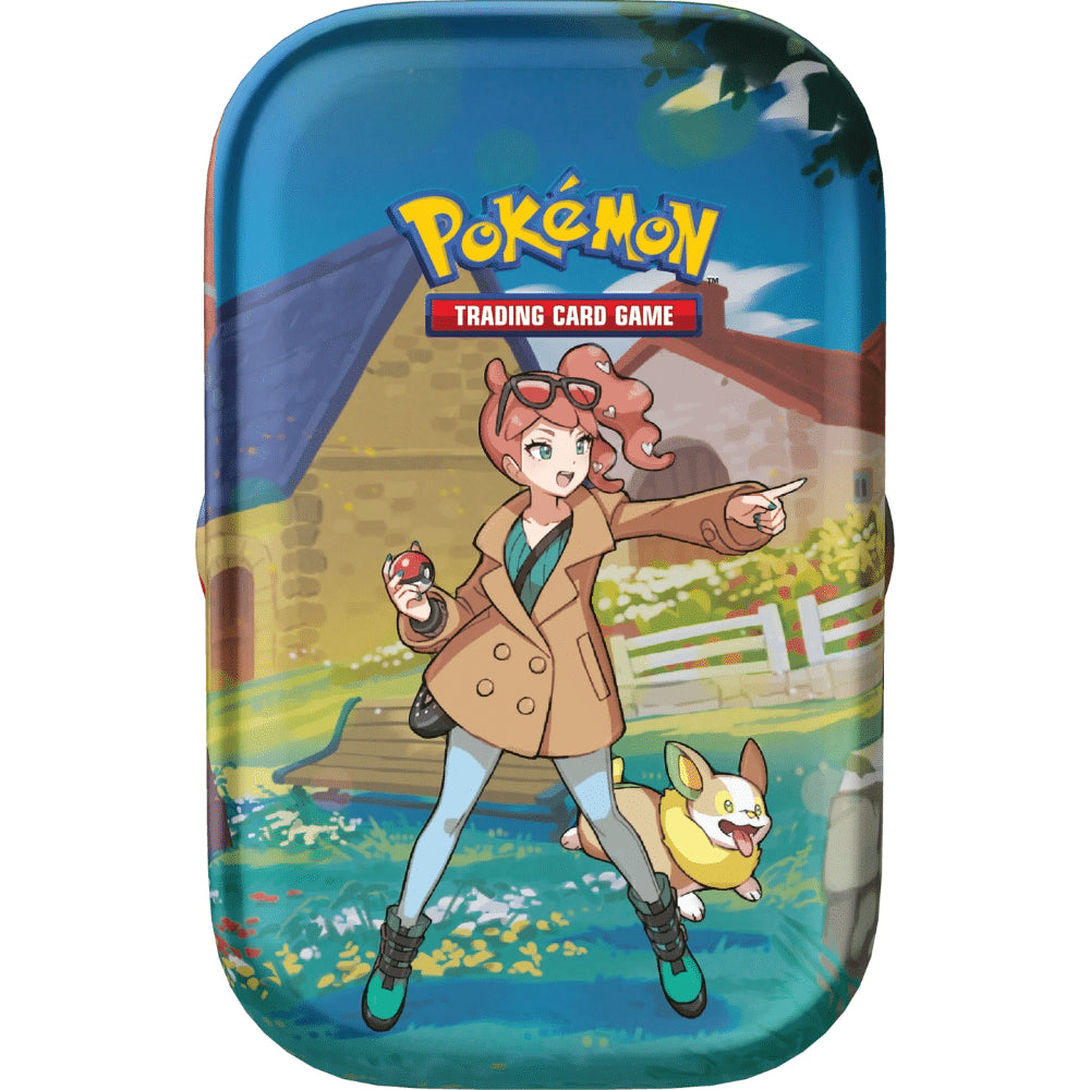 Pokemon Crown Zenith Mini Tin - Twee boosterpacks met een mix van populaire Pokemon-kaarten, inclusief Charizard, Leon, Morpeko, Marnie, Sonia en Yamper.