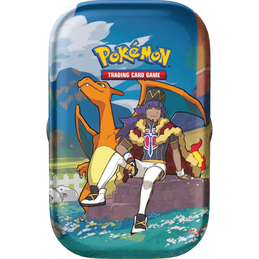 Pokemon Crown Zenith Mini Tin - Twee boosterpacks met een mix van populaire Pokemon-kaarten, inclusief Charizard, Leon, Morpeko, Marnie, Sonia en Yamper.