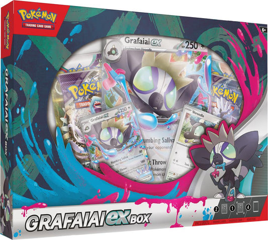 Pokémon TCG: Grafaiai ex Box met promokaarten van Grafaiai ex en Shroodle, inclusief 4 booster packs en een codekaart voor Pokémon TCG Live.