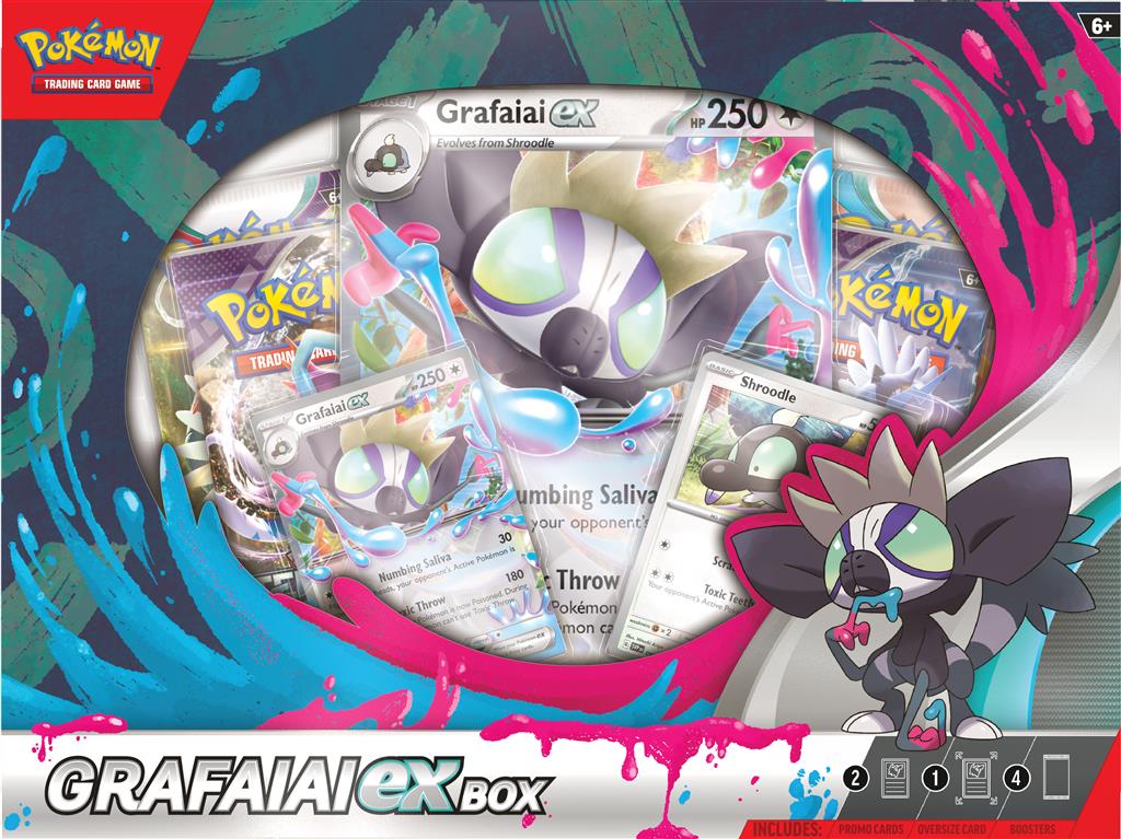 Pokémon TCG: Grafaiai ex Box met promokaarten van Grafaiai ex en Shroodle, inclusief 4 booster packs en een codekaart voor Pokémon TCG Live.