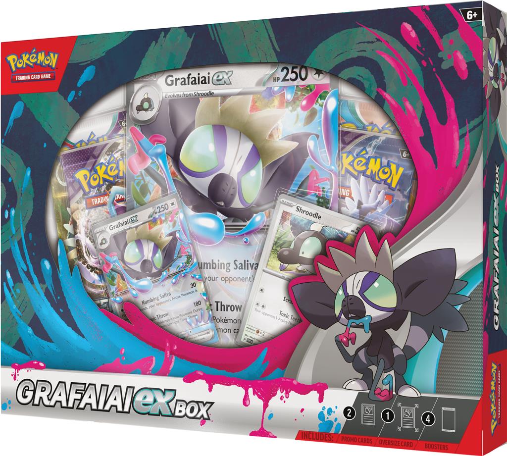 Pokémon TCG: Grafaiai ex Box met promokaarten van Grafaiai ex en Shroodle, inclusief 4 booster packs en een codekaart voor Pokémon TCG Live.