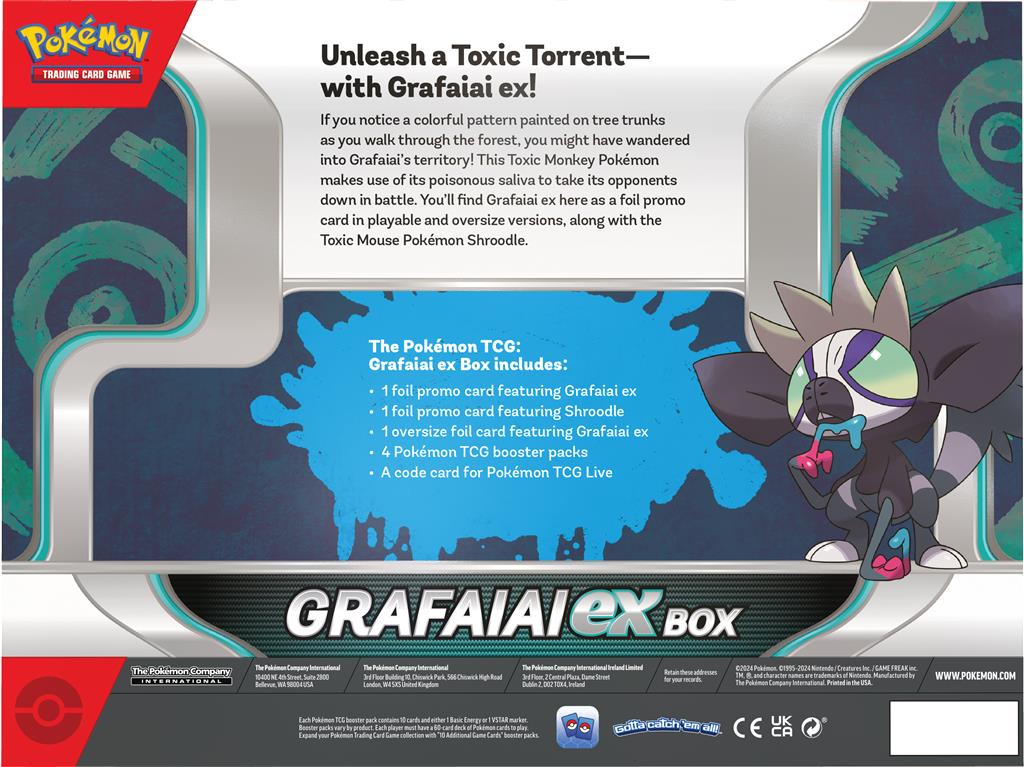 Pokémon TCG: Grafaiai ex Box met promokaarten van Grafaiai ex en Shroodle, inclusief 4 booster packs en een codekaart voor Pokémon TCG Live.