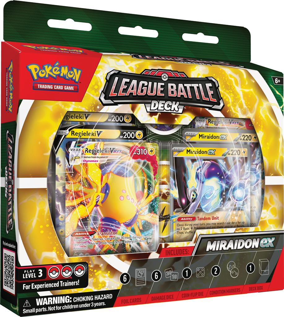 Miraidon ex en Regieleki VMAX in Pokémon League Battle Deck met elektrische Pokémon en dobbelstenen.