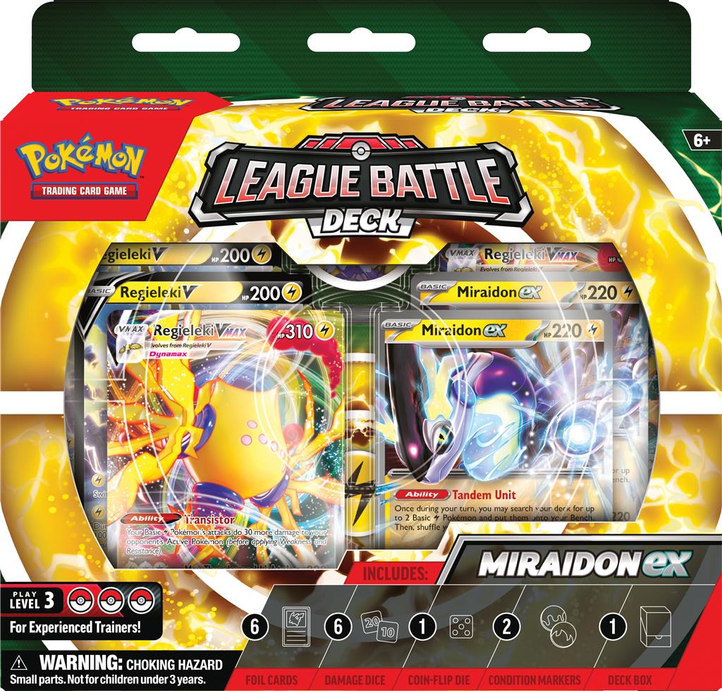 Miraidon ex en Regieleki VMAX in Pokémon League Battle Deck met elektrische Pokémon en dobbelstenen.