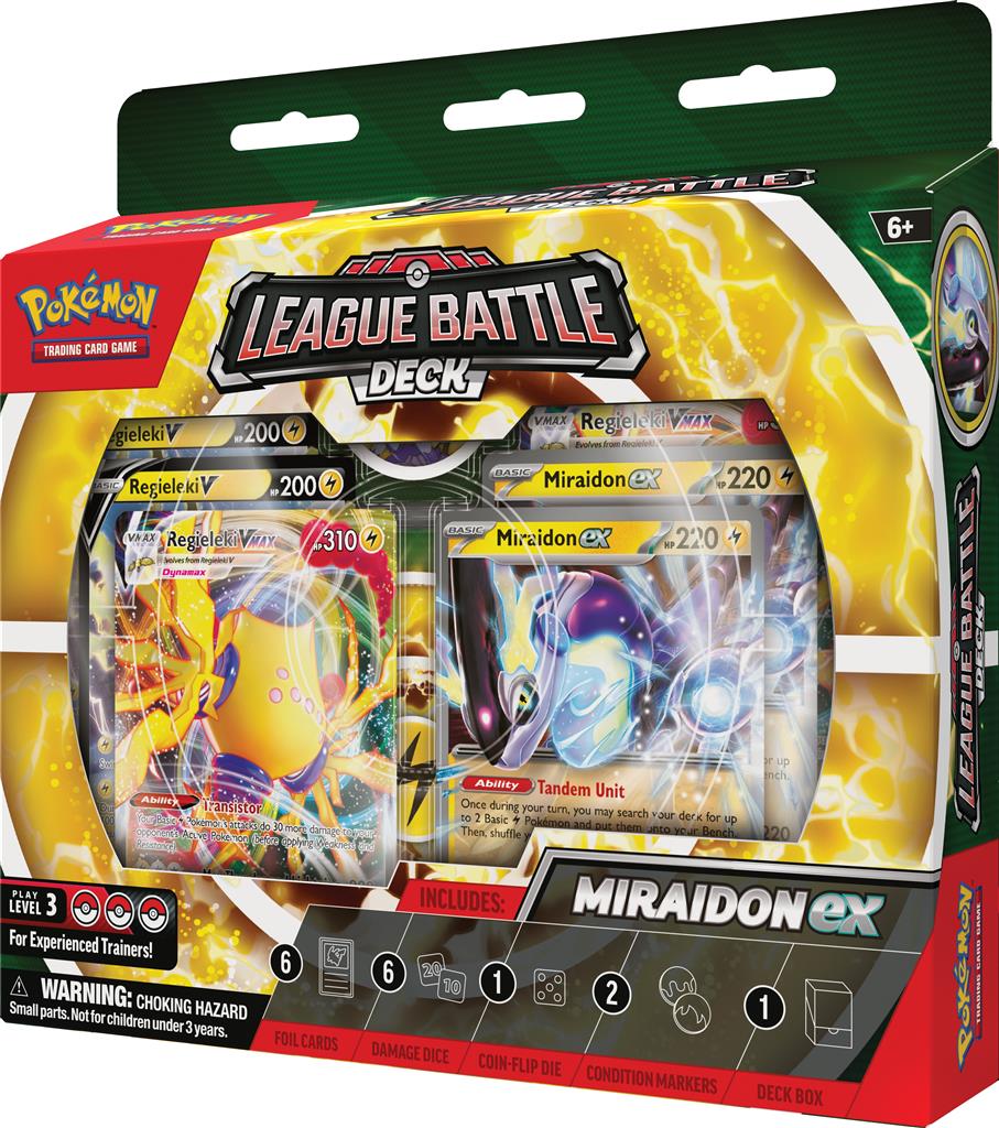 Miraidon ex en Regieleki VMAX in Pokémon League Battle Deck met elektrische Pokémon en dobbelstenen.