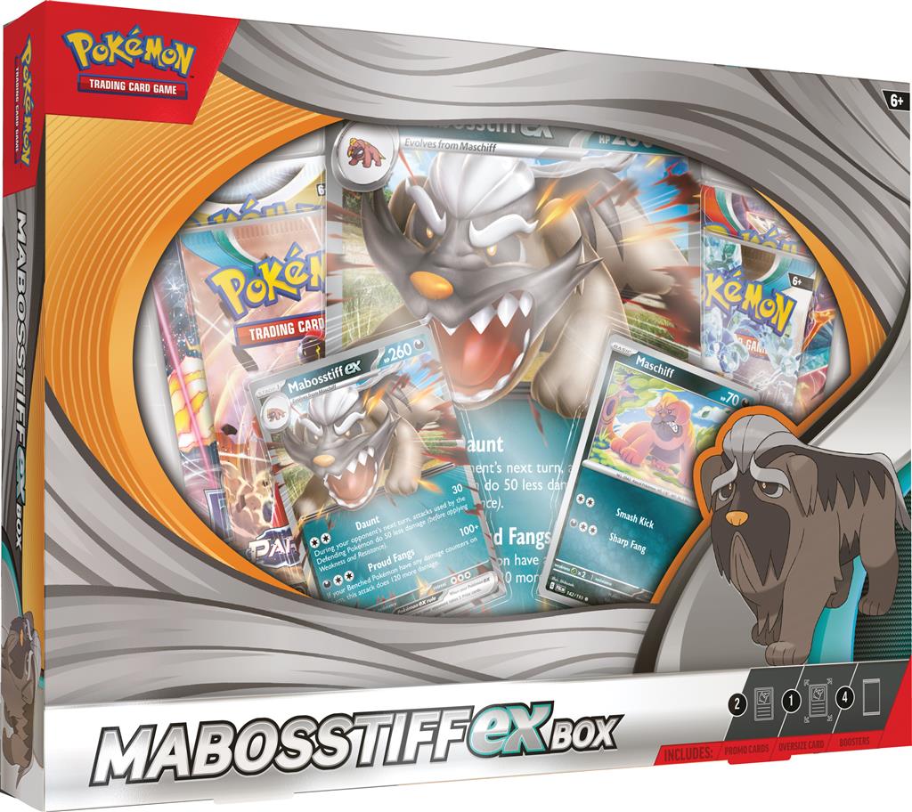 PokemonTCG ex Box met Mabosstiff ex, Maschiff, booster packs en promokaarten.