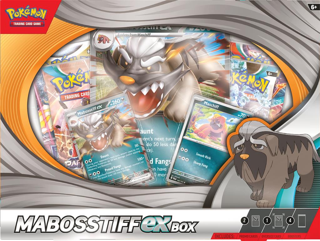 PokemonTCG ex Box met Mabosstiff ex, Maschiff, booster packs en promokaarten.