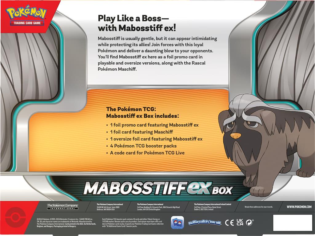 PokemonTCG ex Box met Mabosstiff ex, Maschiff, booster packs en promokaarten.