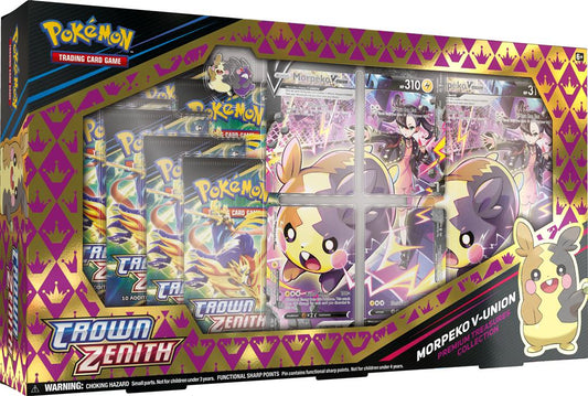 Morpeko V-UNION Premium Collection met promokaarten, oversize kaart, speelmat, Crown Zenith booster packs en een codekaart voor Pokémon TCG Live.