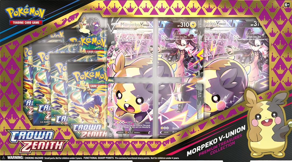 Morpeko V-UNION Premium Collection met promokaarten, oversize kaart, speelmat, Crown Zenith booster packs en een codekaart voor Pokémon TCG Live.