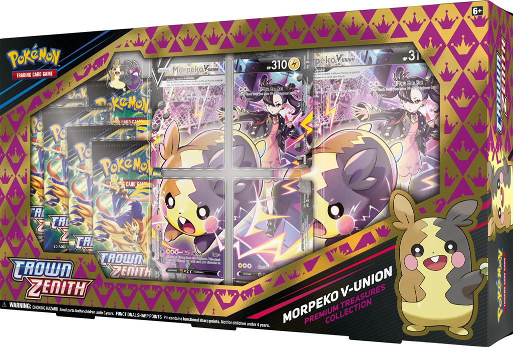 Morpeko V-UNION Premium Collection met promokaarten, oversize kaart, speelmat, Crown Zenith booster packs en een codekaart voor Pokémon TCG Live.