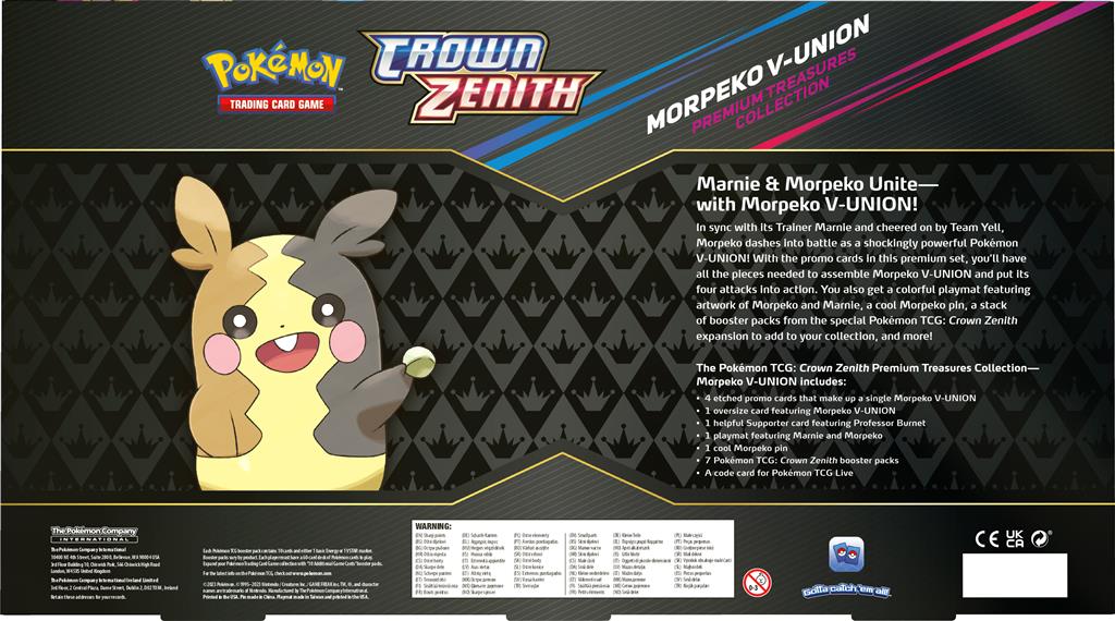 Morpeko V-UNION Premium Collection met promokaarten, oversize kaart, speelmat, Crown Zenith booster packs en een codekaart voor Pokémon TCG Live.