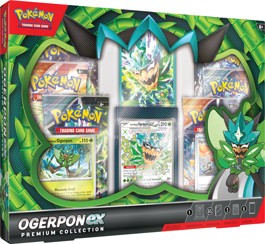 Ogerpon EX Premium Collection met promo kaarten, sleeves en booster packs.