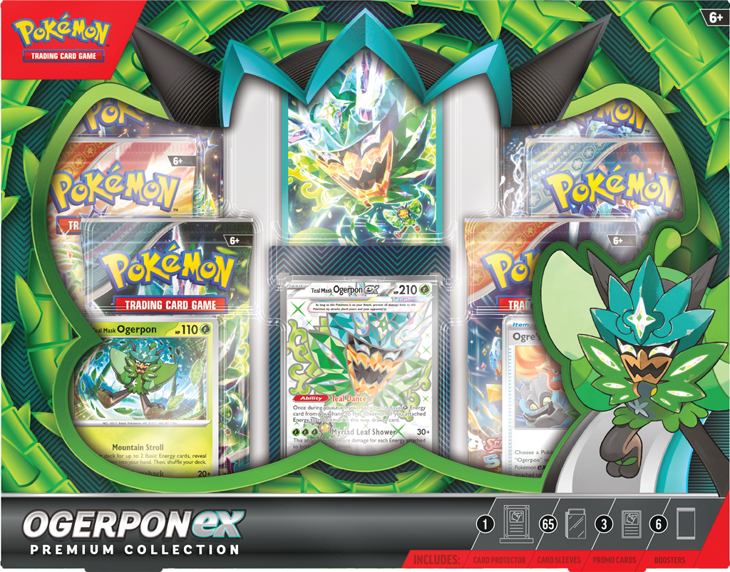 Ogerpon EX Premium Collection met promo kaarten, sleeves en booster packs.