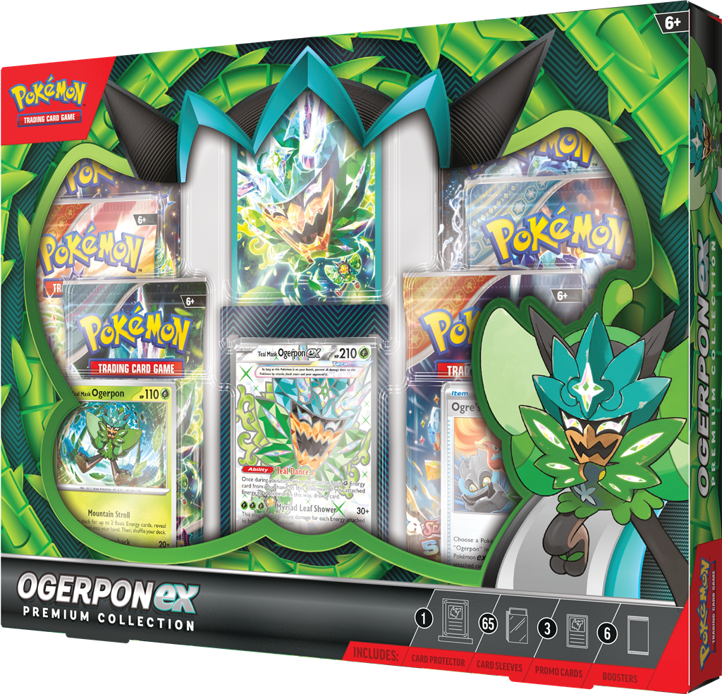 Ogerpon EX Premium Collection met promo kaarten, sleeves en booster packs.