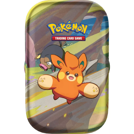 Pokemon Paldea Legends Mini Tin - Een set van twee boosterpacks met Pokemon-kaarten, waaronder zeldzame exemplaren zoals Lechonk, Pawmi en Capsakid.