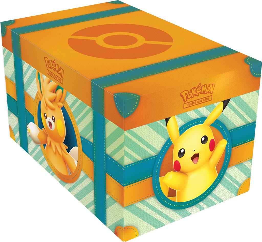 Pokémon TCG Paldea Adventure Chest met foil promokaarten van Pikachu, Sprigatito ex, Pawmi, Pawmo, Pawmot ex, Tandemaus en Maushold ex, tech stickers, mini portfolio, squishy Pikachu, en Pokémon TCG booster packs.