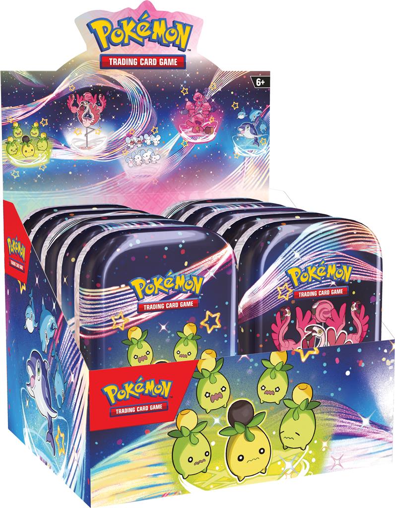 Paldean Fates Mini Tin met Shiny Tinkatink en Flamigo, inclusief twee booster packs.