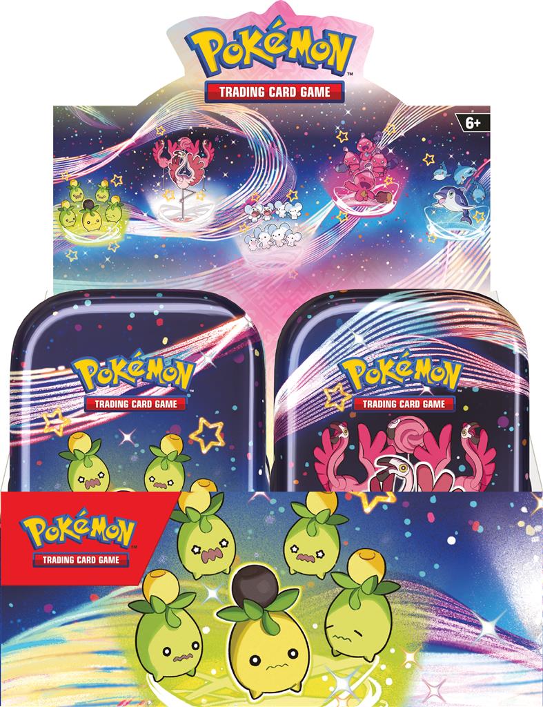 Paldean Fates Mini Tin met Shiny Tinkatink en Flamigo, inclusief twee booster packs.