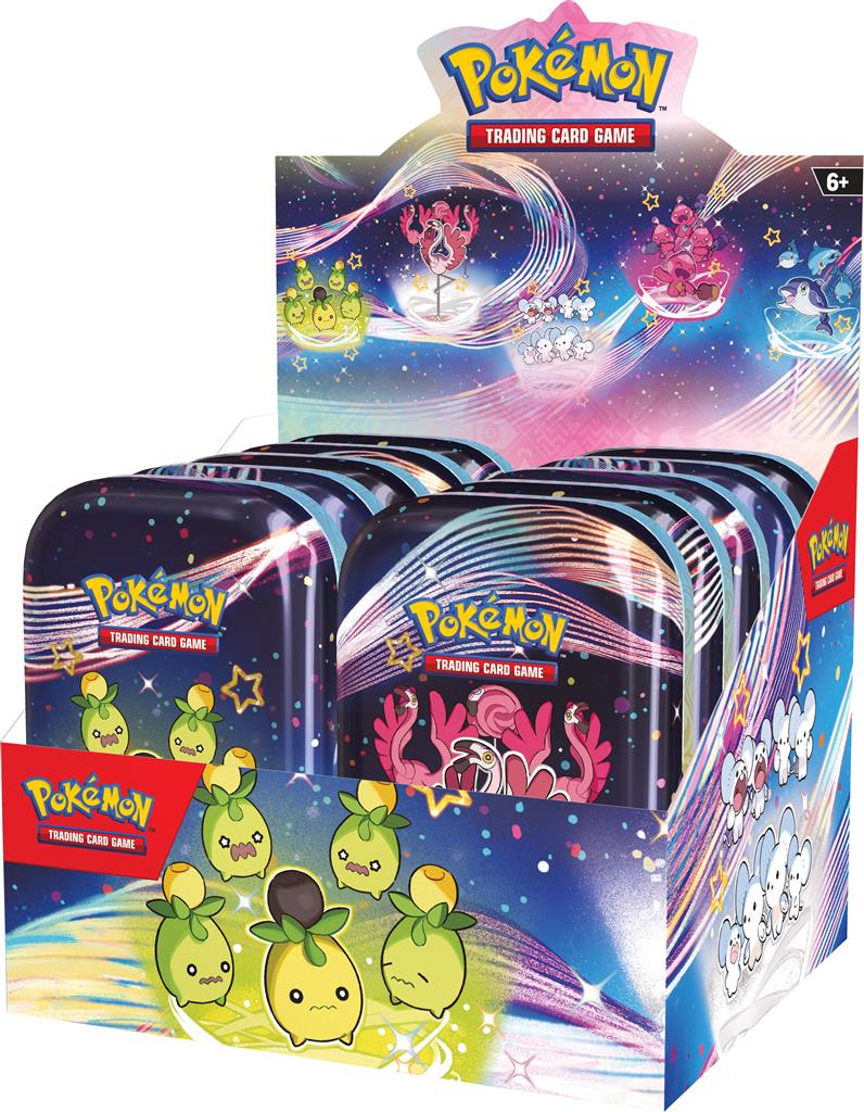 Paldean Fates Mini Tin met Shiny Tinkatink en Flamigo, inclusief twee booster packs.