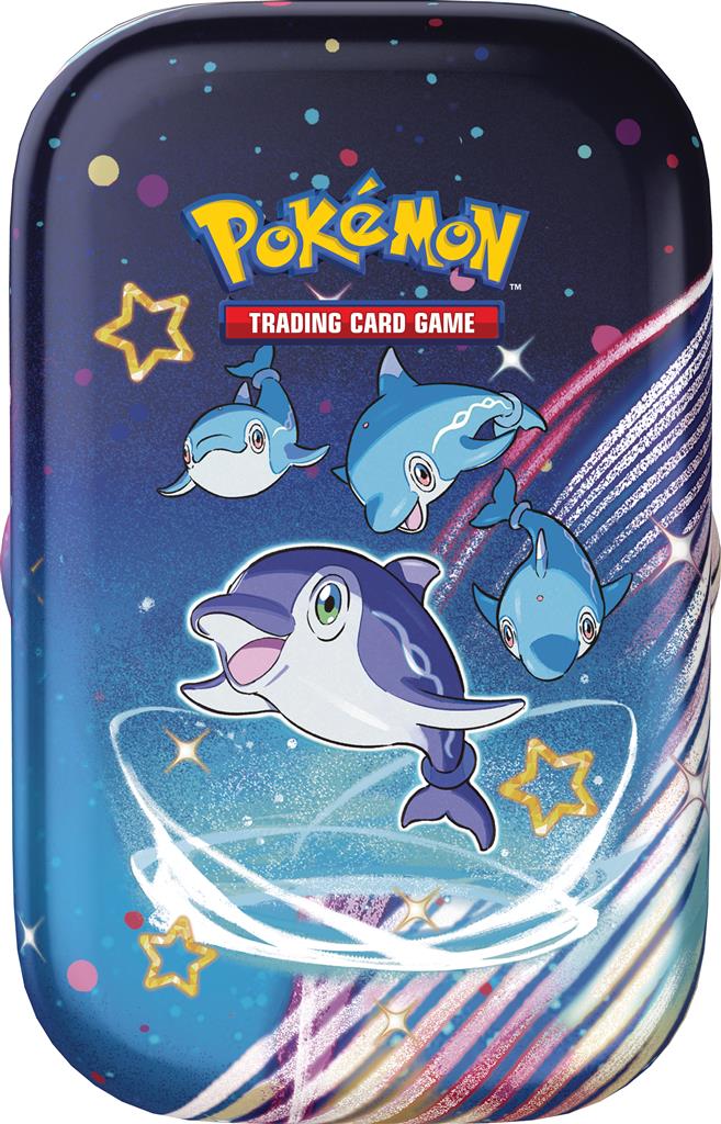 Paldean Fates Mini Tin met Shiny Tinkatink en Flamigo, inclusief twee booster packs.