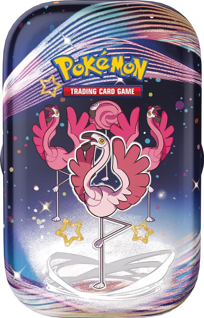 Paldean Fates Mini Tin met Shiny Tinkatink en Flamigo, inclusief twee booster packs.