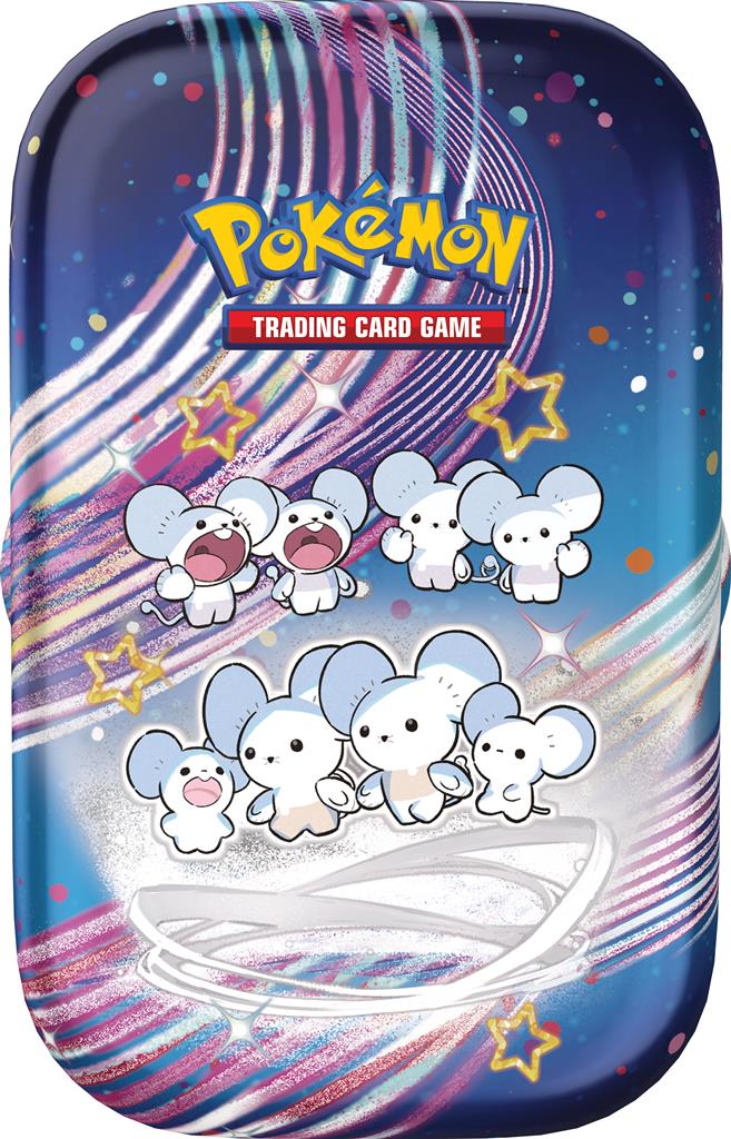 Paldean Fates Mini Tin met Shiny Tinkatink en Flamigo, inclusief twee booster packs.