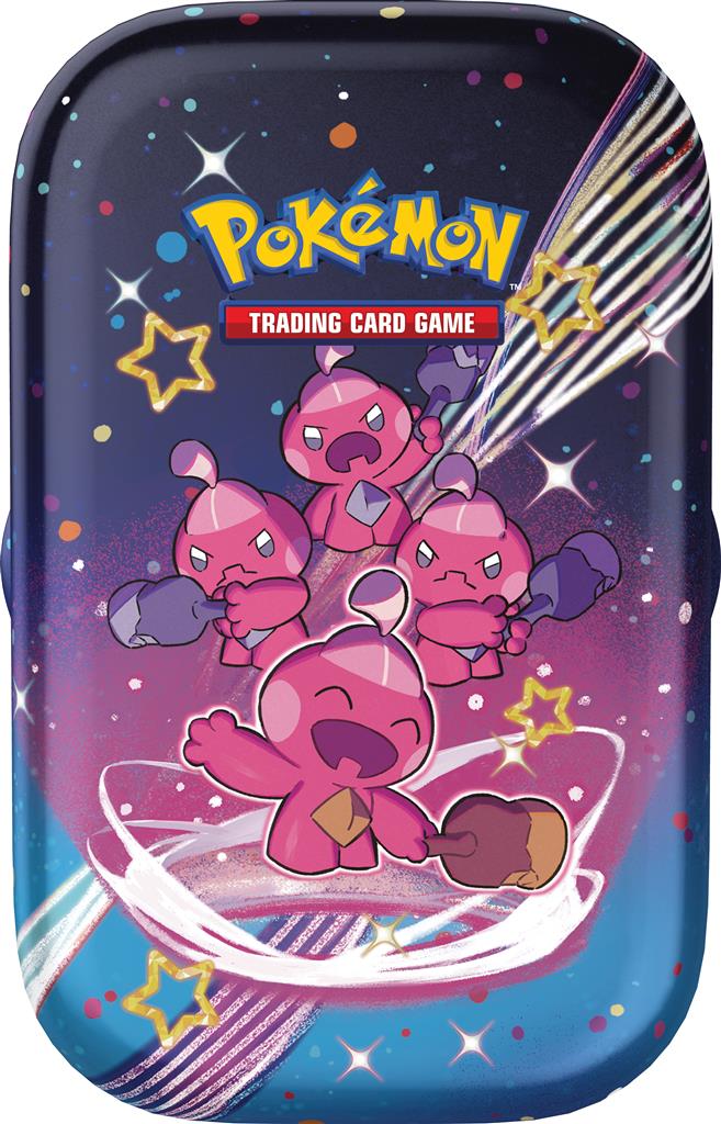 Paldean Fates Mini Tin met Shiny Tinkatink en Flamigo, inclusief twee booster packs.