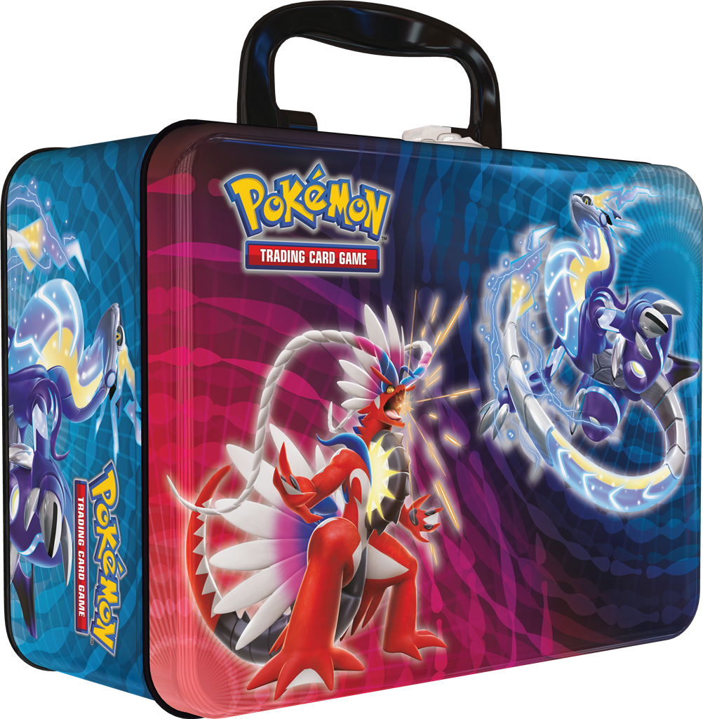 Pokémon Paldean Starters Collector Chest 2023 met booster packs, promo kaarten, stickers, en mini portfolio.