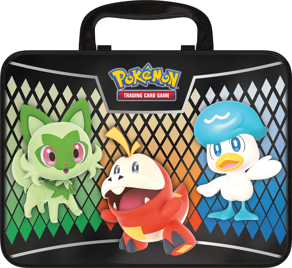 Pokémon Paldean Starters Collector Chest 2023 met booster packs, promo kaarten, stickers, en mini portfolio.