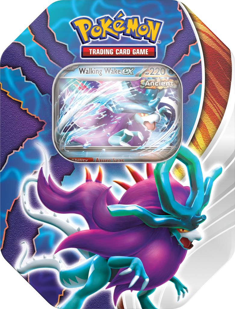 Paradox Clash ex Tin met Walking Wake of Iron Leaves promo kaart in een Pokémon tin.