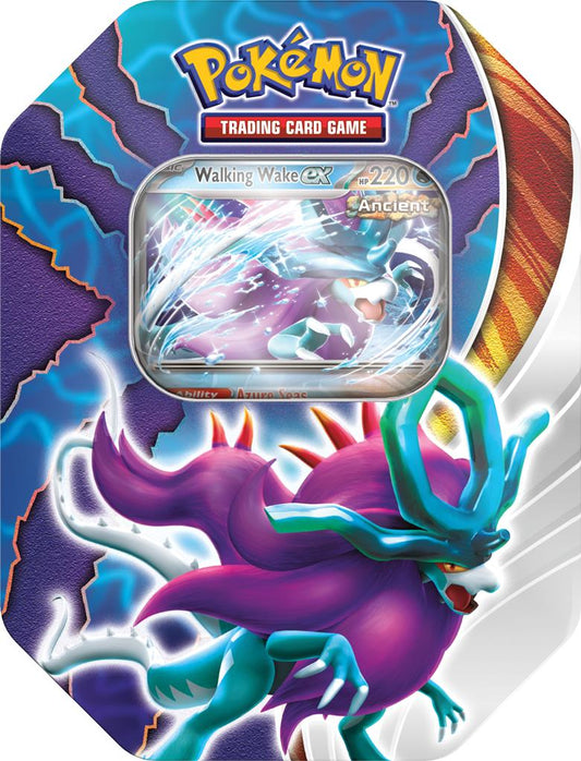 Paradox Clash ex Tin met Walking Wake of Iron Leaves promo kaart in een Pokémon tin.