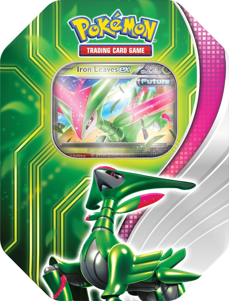 Paradox Clash ex Tin met Walking Wake of Iron Leaves promo kaart in een Pokémon tin.