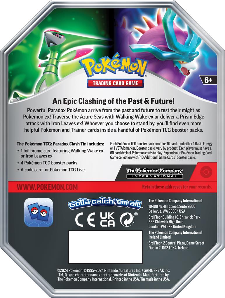 Paradox Clash ex Tin met Walking Wake of Iron Leaves promo kaart in een Pokémon tin.